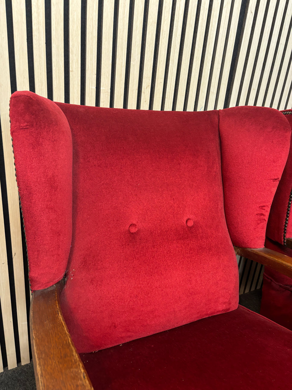 Bright red fabric solid dark wood framed wingback armchair 43634