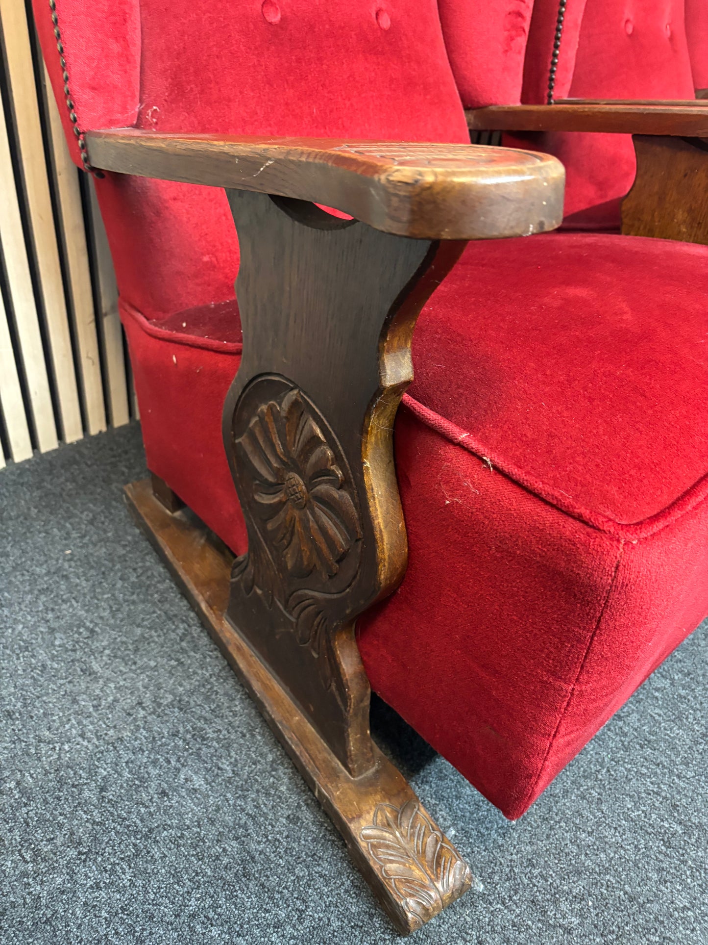 Bright red fabric solid dark wood framed wingback armchair 43634