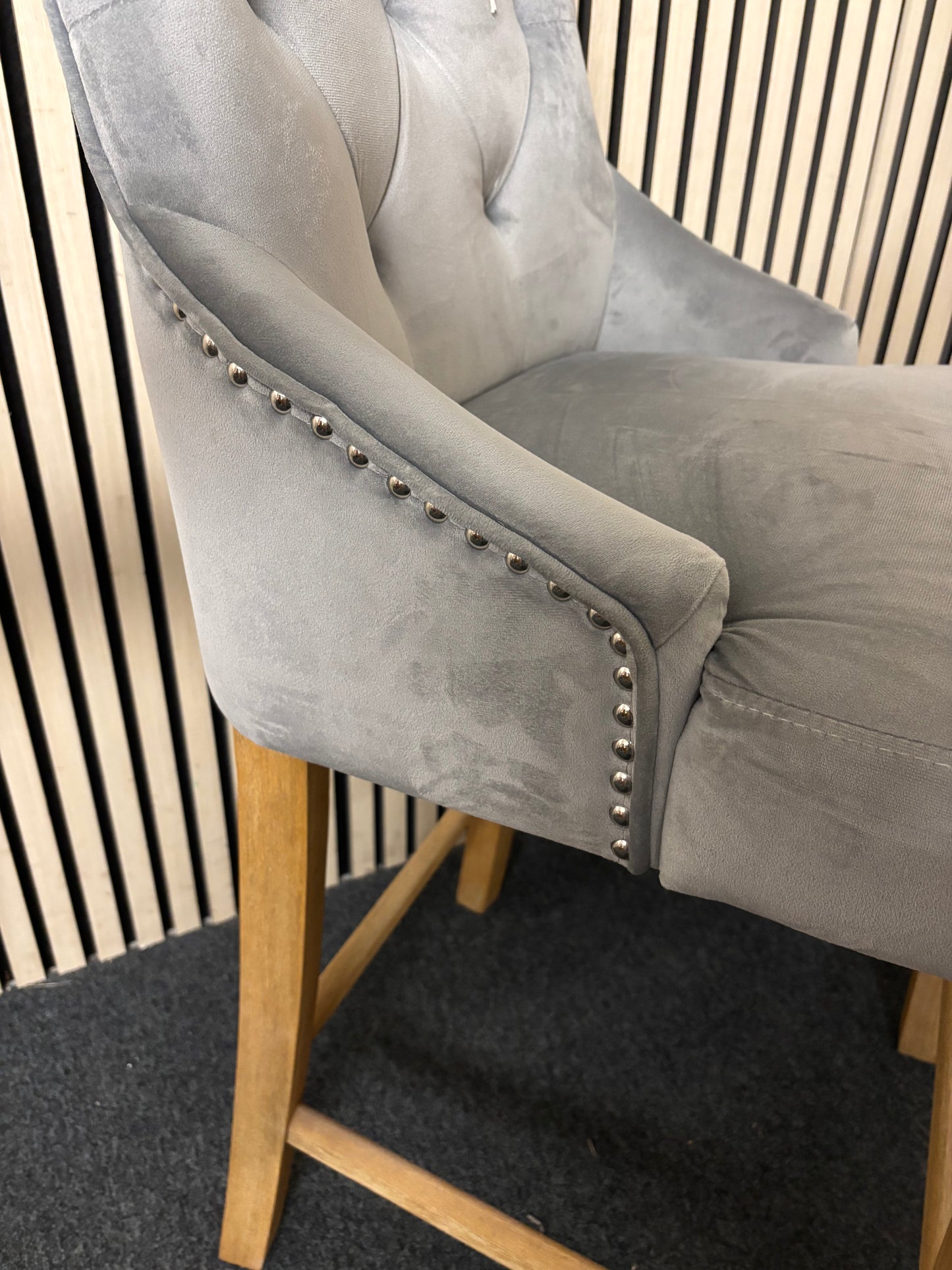 Grey velour fabric high back kitchen bar stool with solid wooden frame 43441