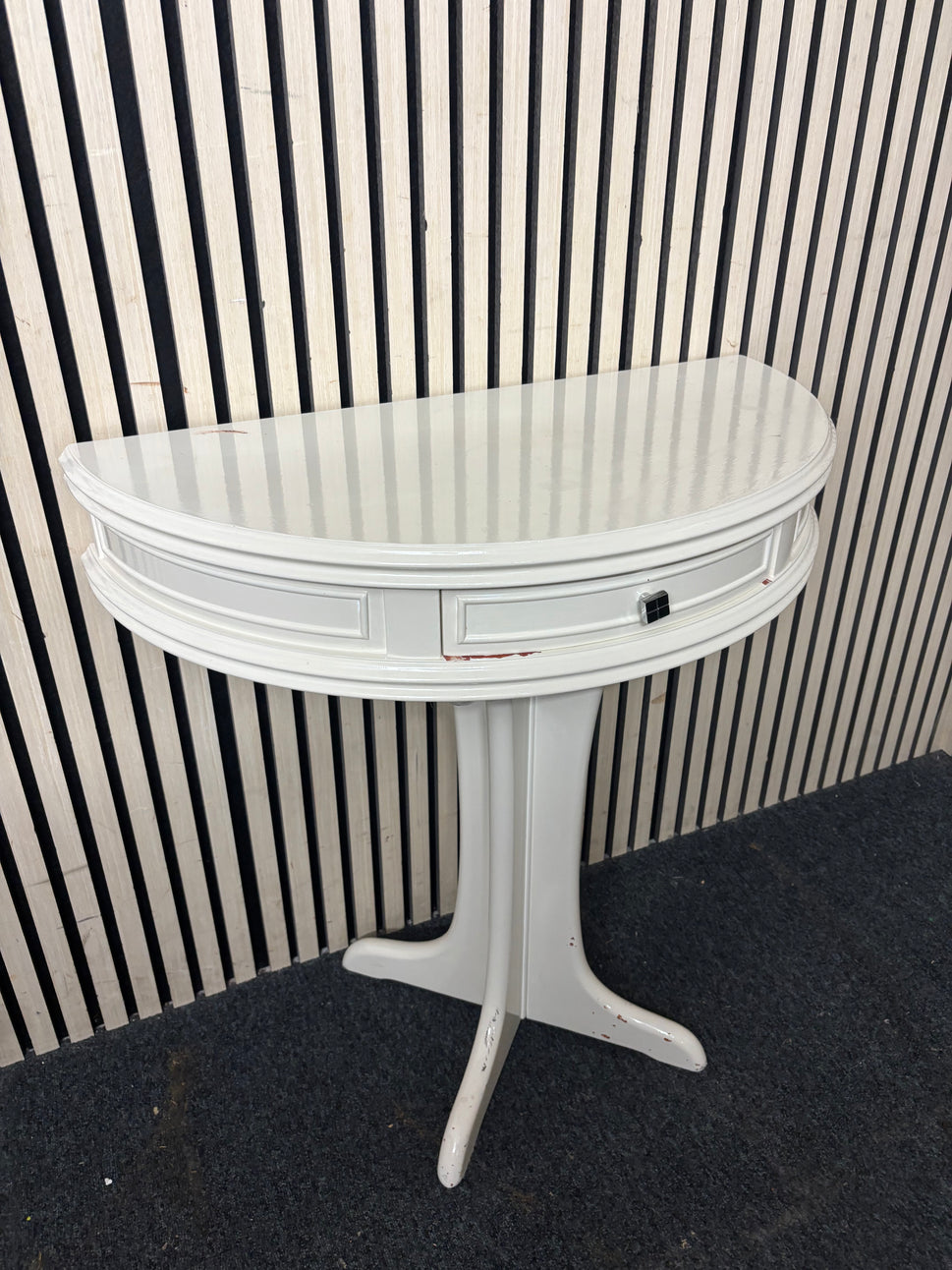 White wooden 1 drawer half moon table (H 75 x W 75 x D 38 cm) 43667