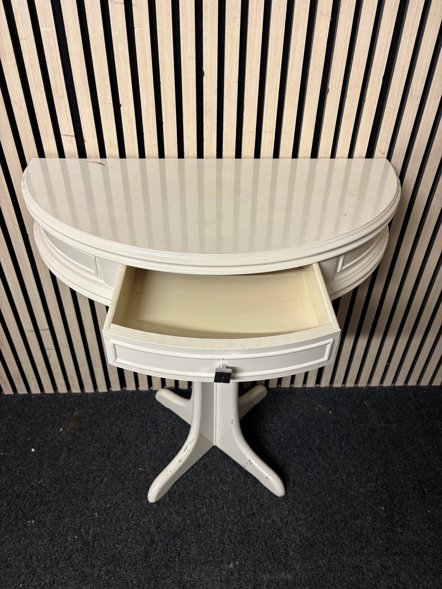 White wooden 1 drawer half moon table (H 75 x W 75 x D 38 cm) 43667