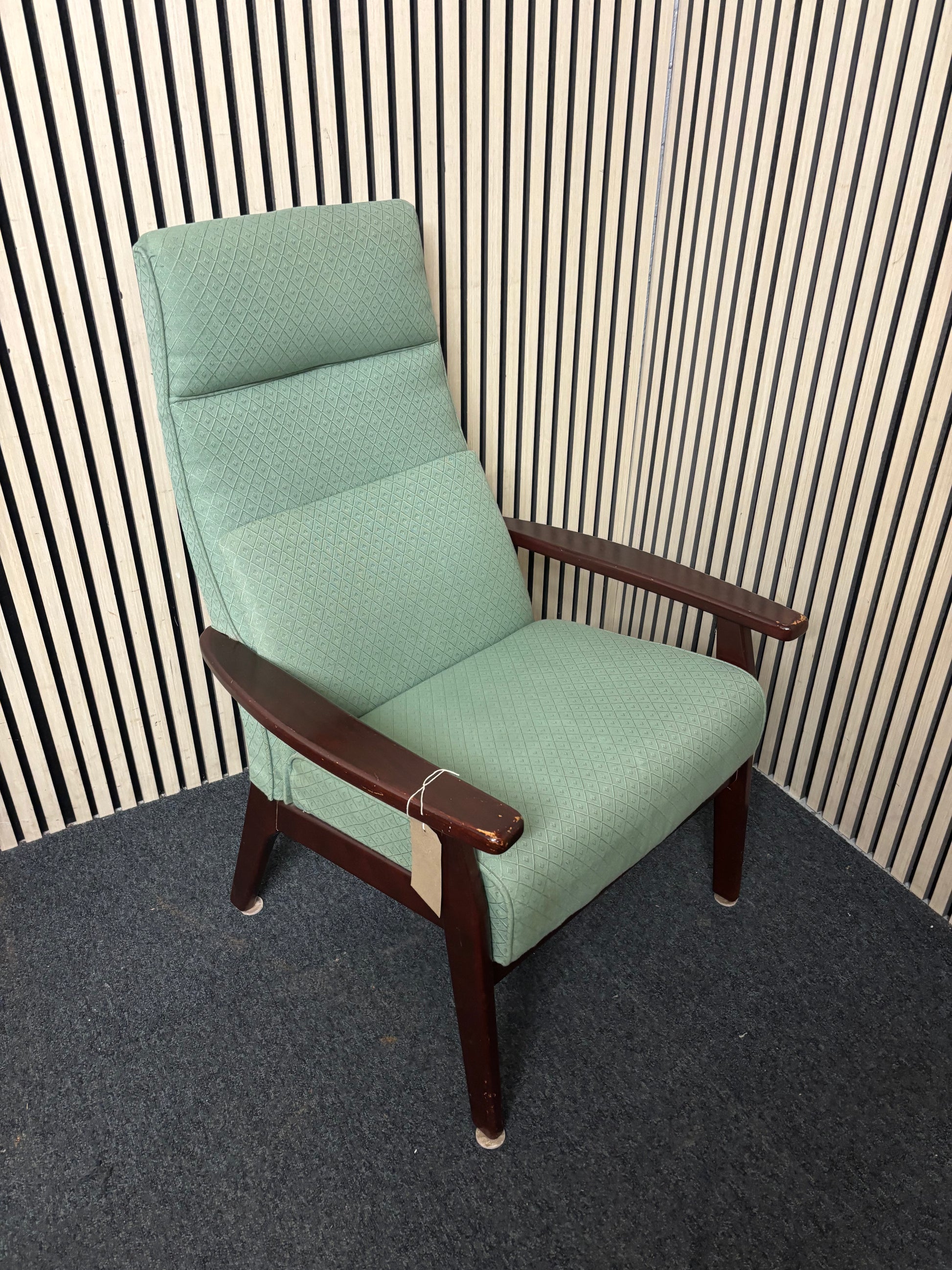 High back solid wood framed green fabric fireside armchair 43652