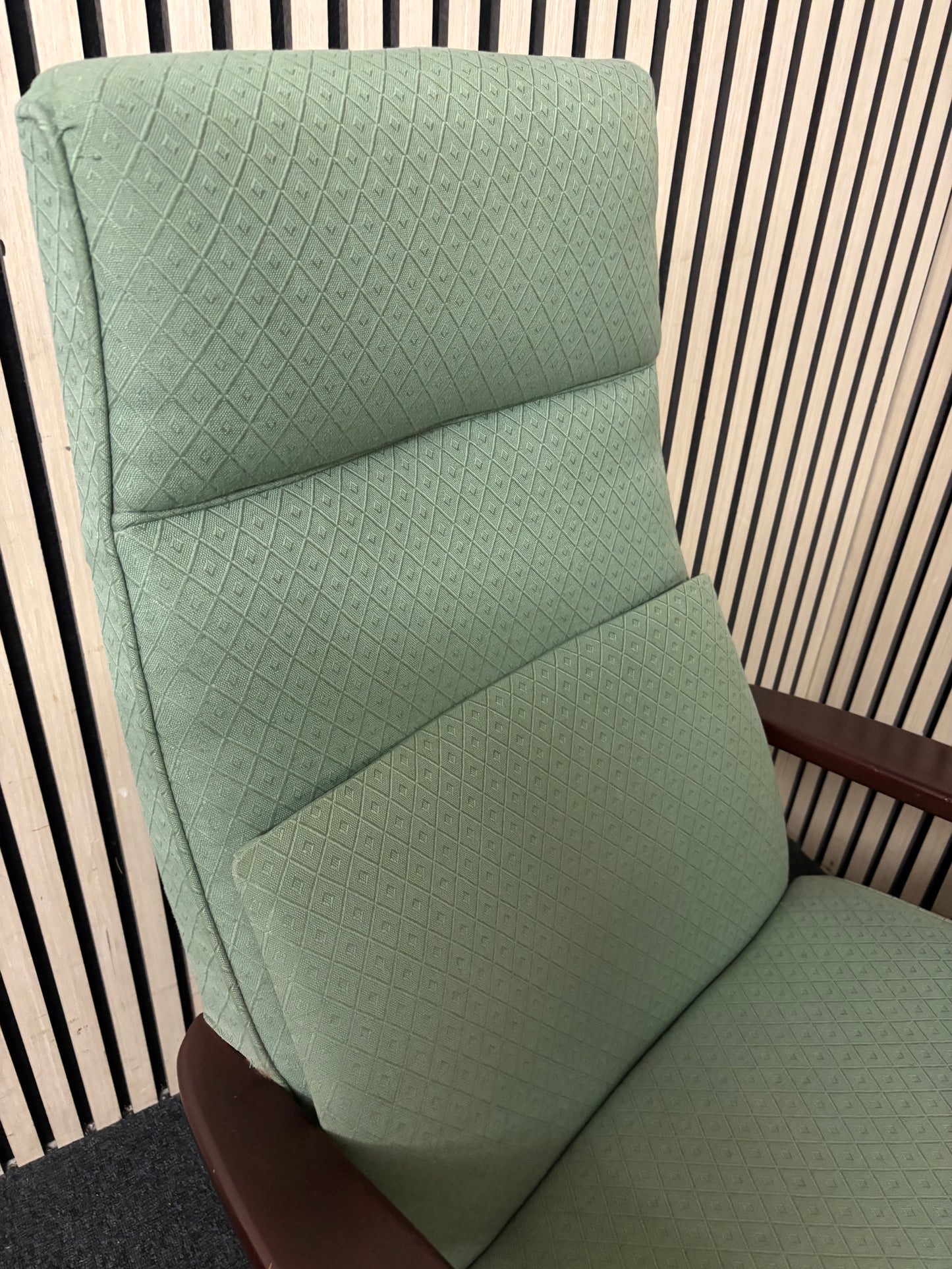 High back solid wood framed green fabric fireside armchair 43652