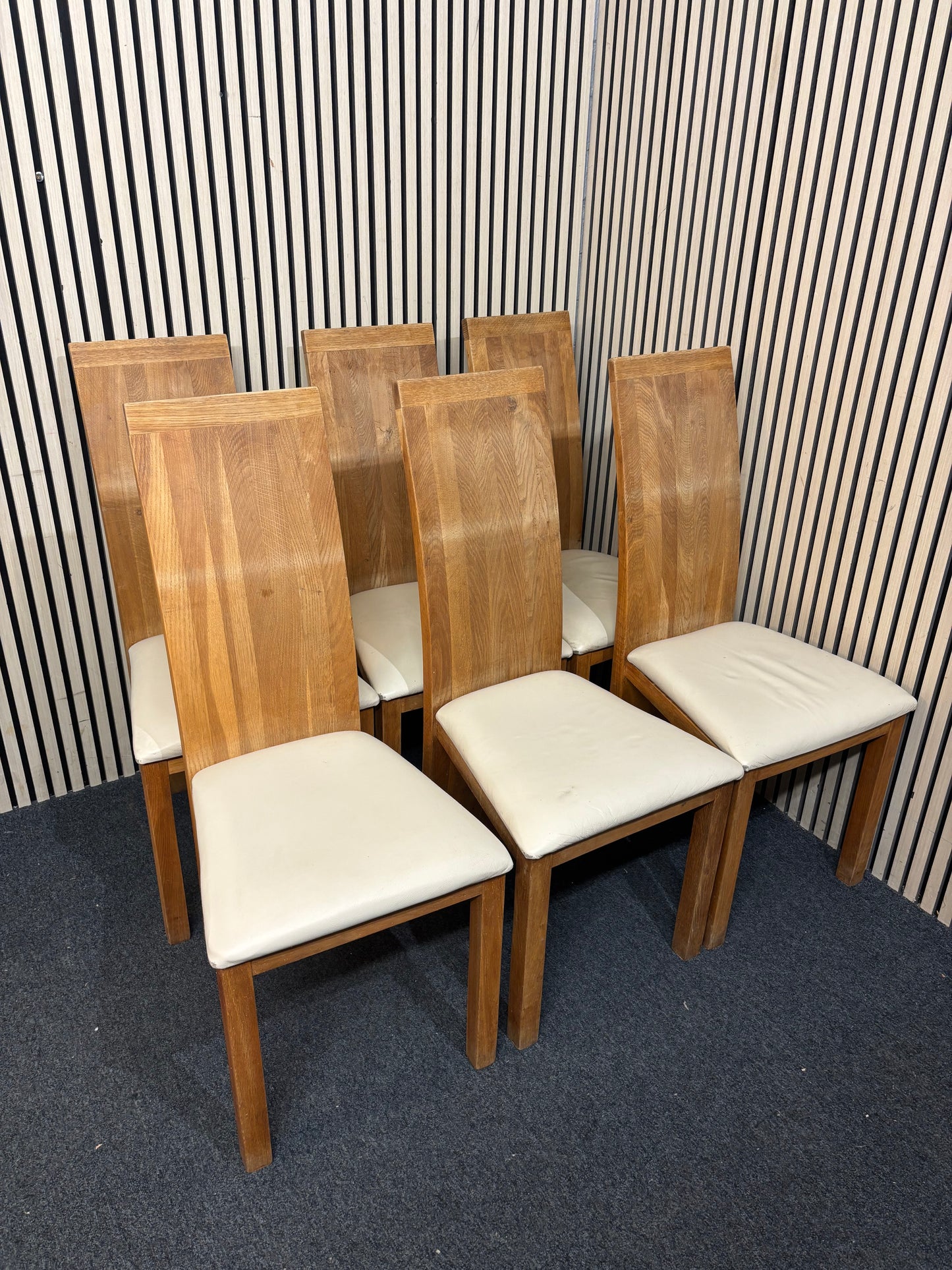 Solid oak curved dining chair with cream leatherette seat (SET OF 6) 43668