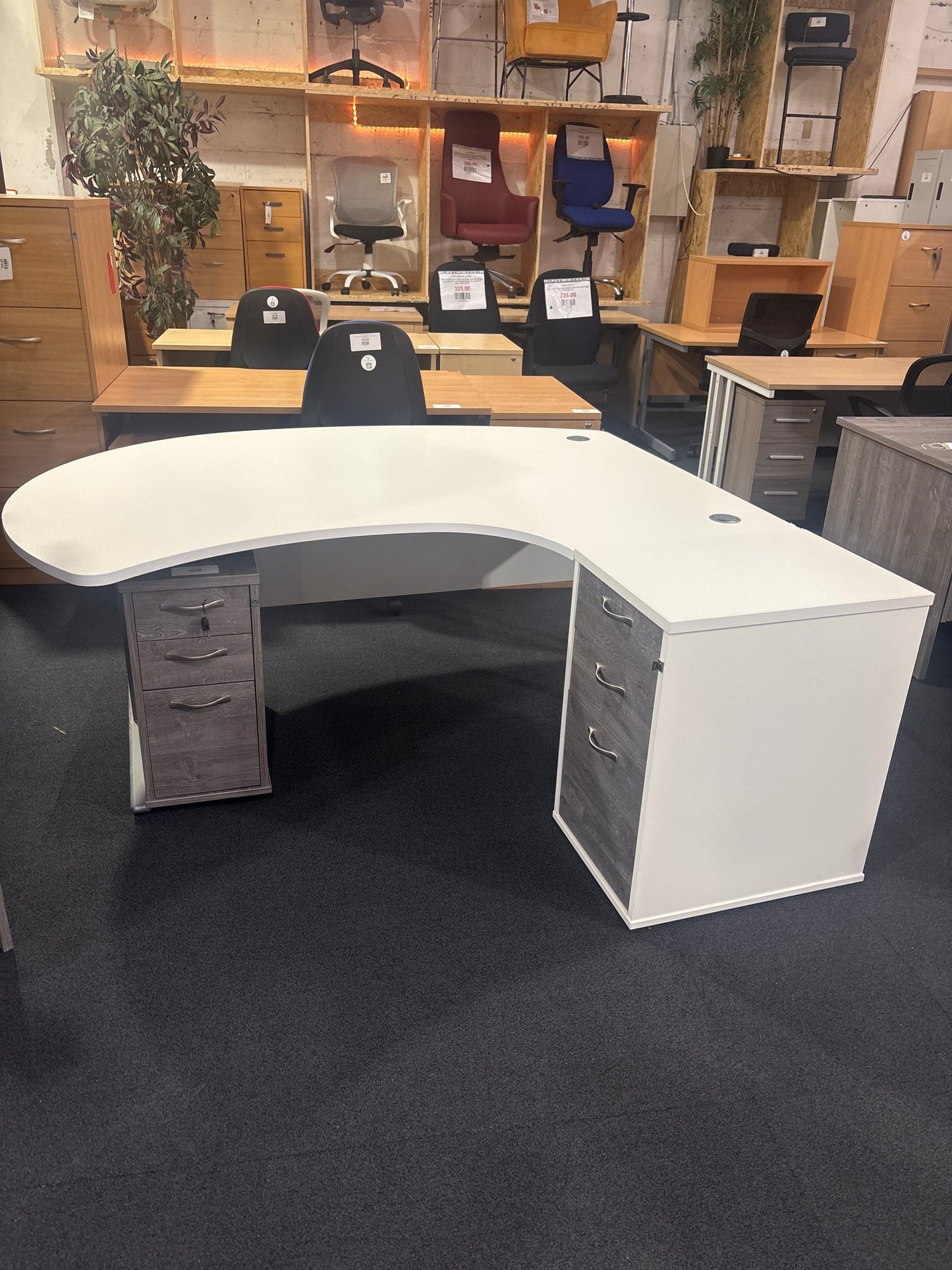 Executive bow fronted radial desk, right hand including matching desk high pedestal set (1800mm x 1700mm)
