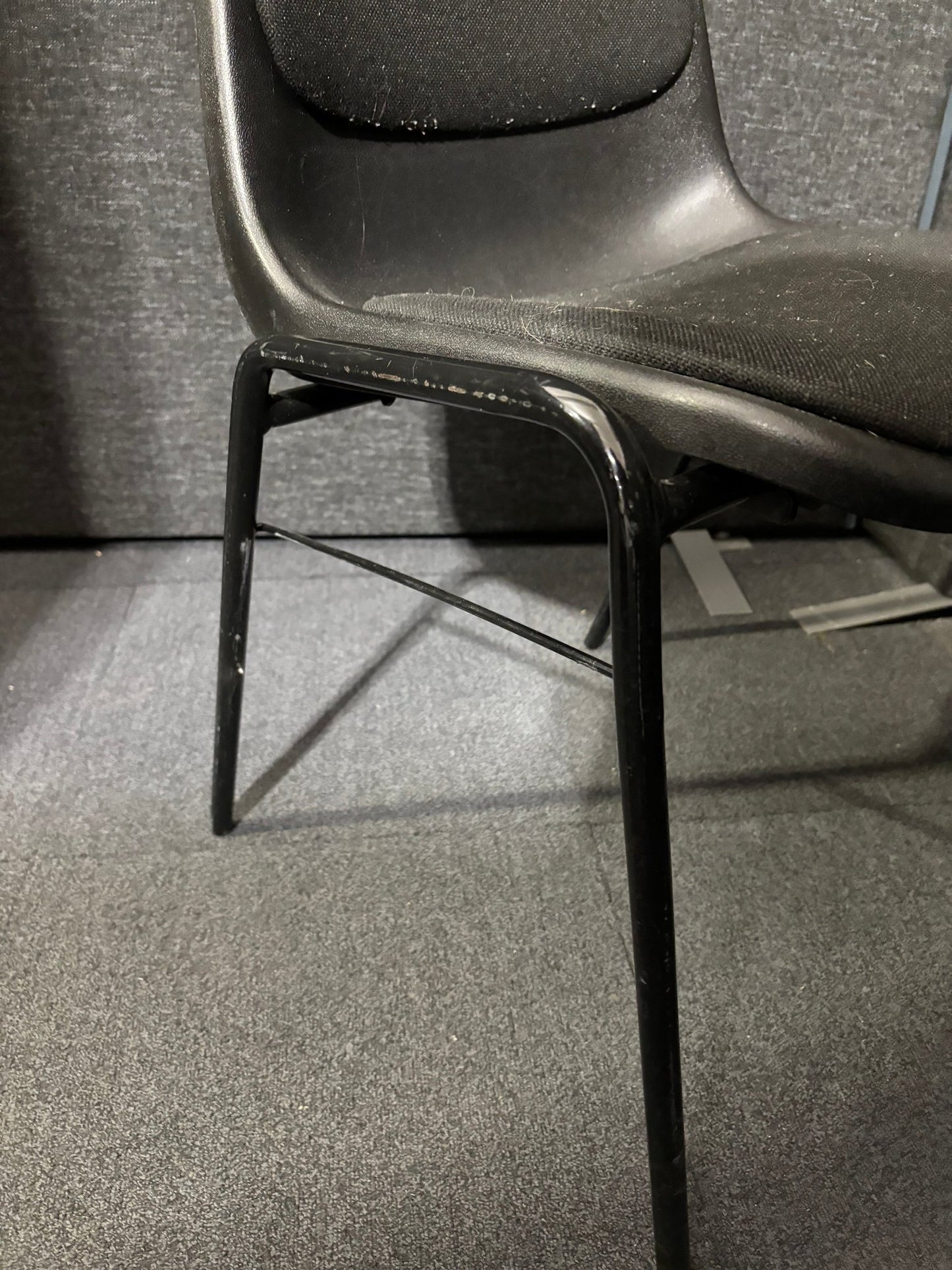Black chrome framed polyprop stacking chair with black fabric seat LARGE QTY IN STOCK