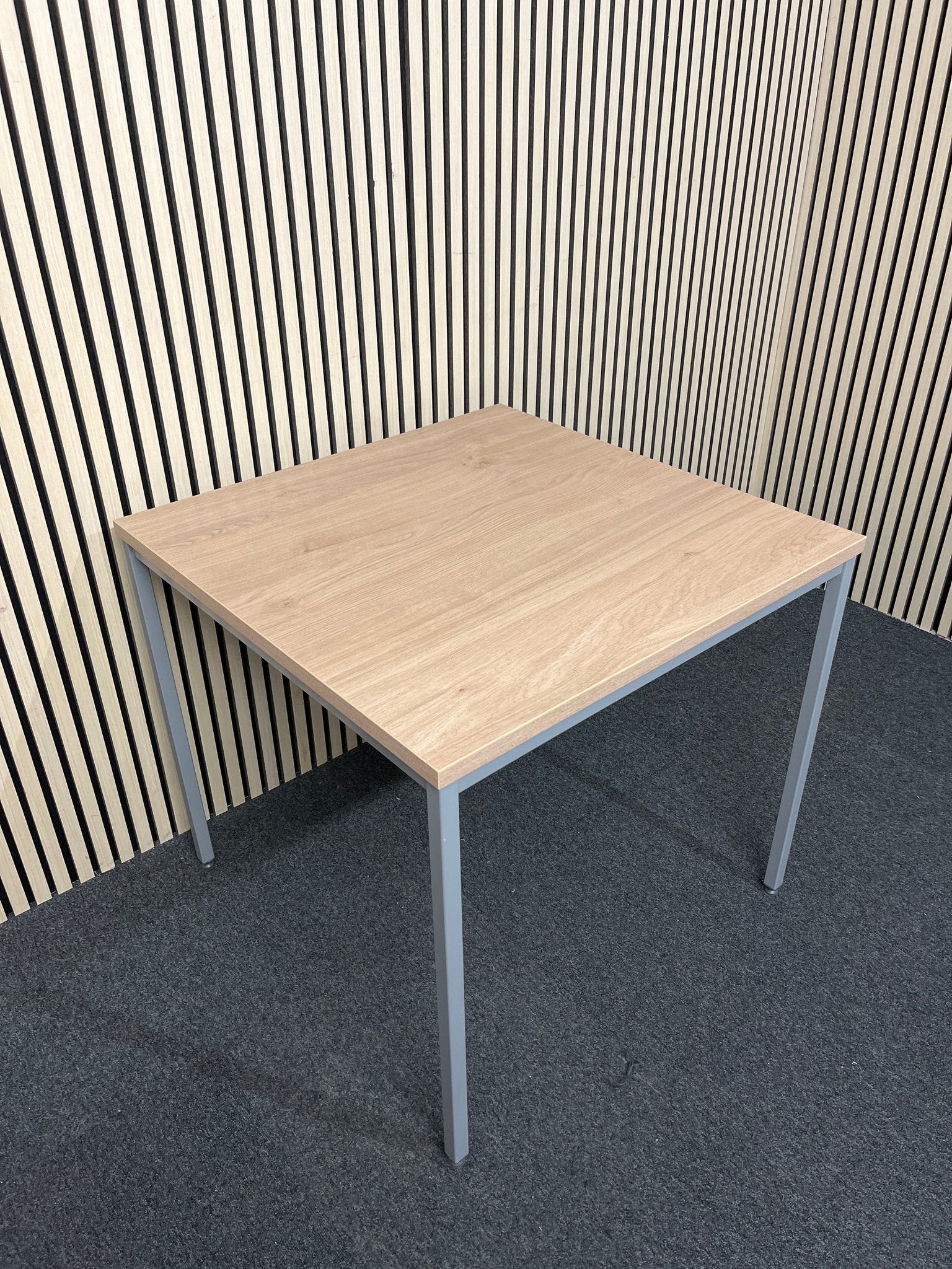 NEW light oak 25mm top 800x800 canteen table with silver metal framed legs. Price inc VAT