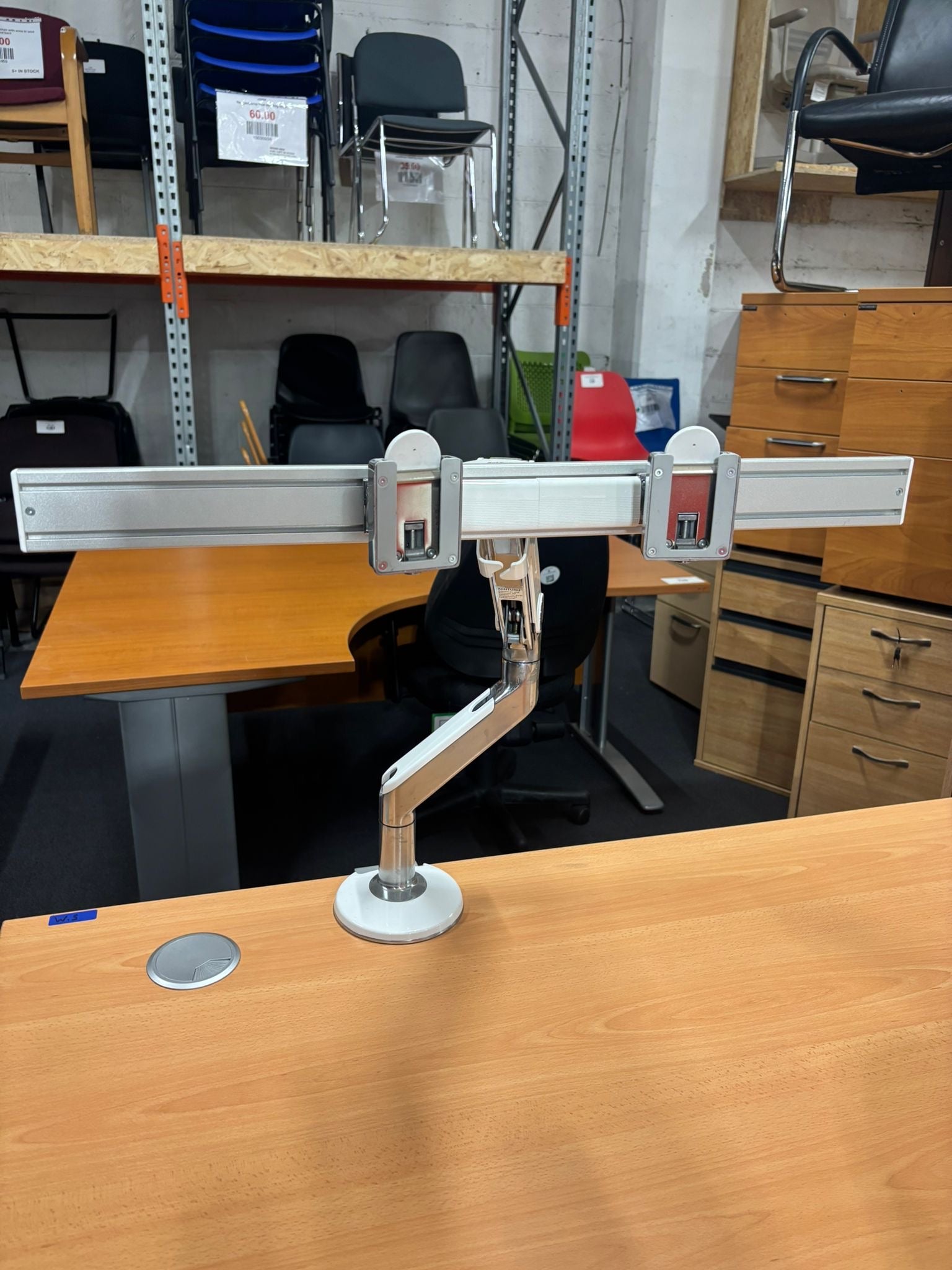 Desk mounted double monitor arm human scale chrome and metal finish
