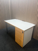 White and oak 1400 x 800 fixed pedestal with oak edging and push press doors