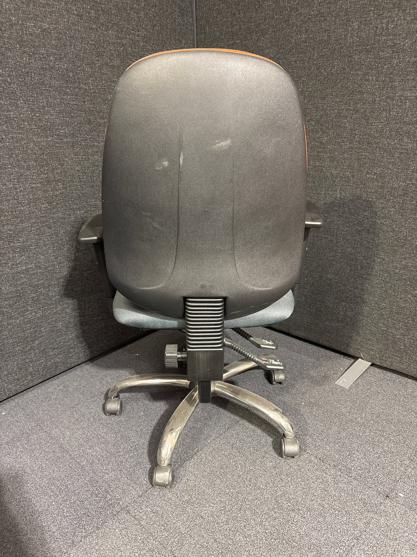 Two tone orange and grey high back swivel chair with height adjustable arms