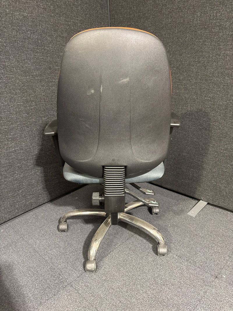 Two tone orange and grey high back swivel chair with height adjustable arms