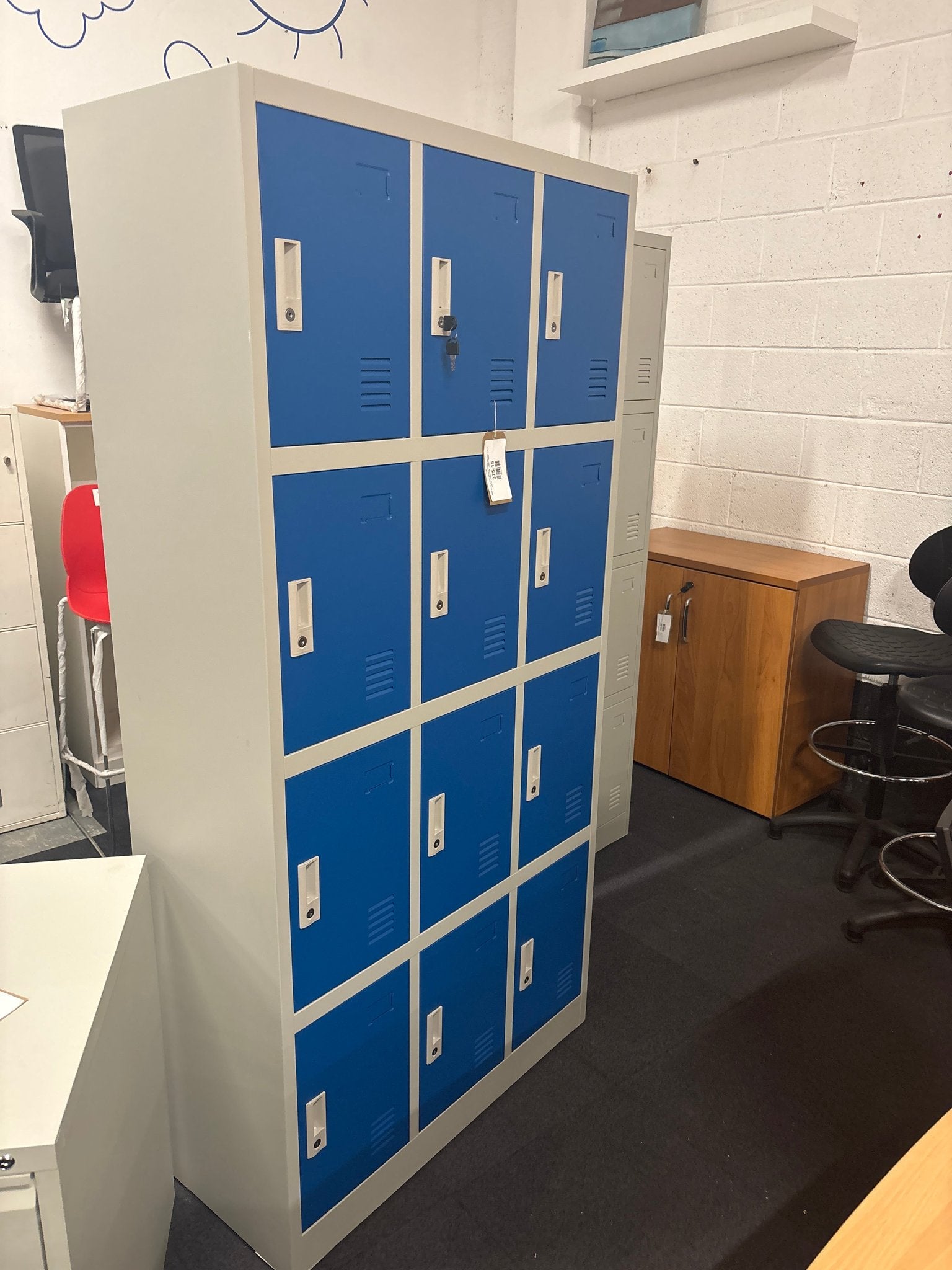 NEW  Stock 12 door personal lockers with keys in grey and blue metal 900W x 400D x 1850H