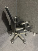 Switch LAST ONE 
DAMAGED ARM 
High back black leather and mesh executive swivel chair with polished metal base and height adjustable arms 3 image