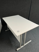 SECONDHAND 1200Lx800Dx720H White cantilever desk with silver metal frame and white modestly panel. IN EXCELLENT CONDITION. Price inclusive of VAT