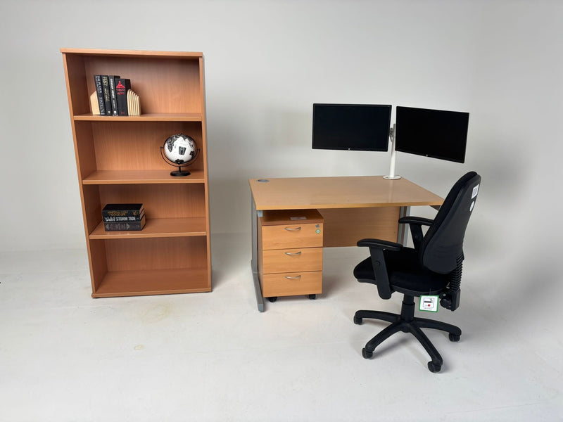 Beech second hand 1200*800 straight desk with silver legs and matching modesty panel