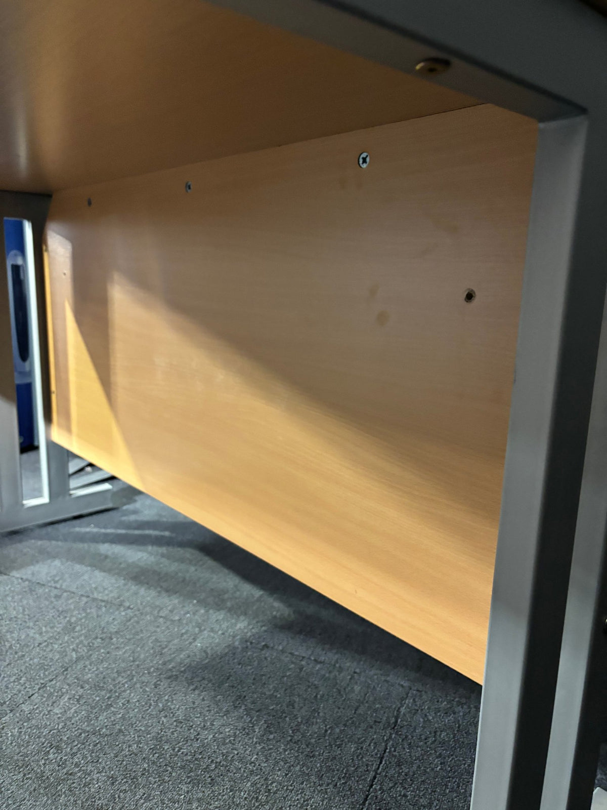 Beech second hand 1200*800 straight desk with silver legs and matching modesty panel