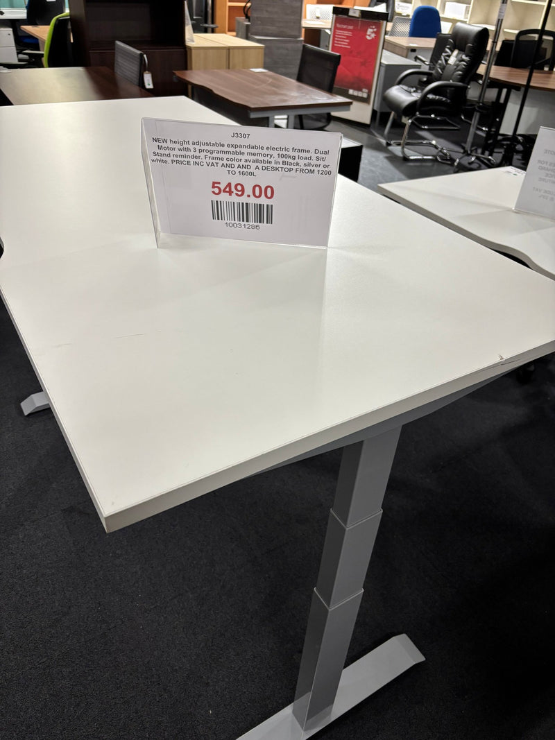 NEW height adjustable expandable electric frame. Dual Motor with 3 programmable memory, 100kg load. Sit/Stand reminder. Frame color available in Black, silver or white. PRICE INC VAT AND  A DESKTOP FROM 1200 TO 1600L