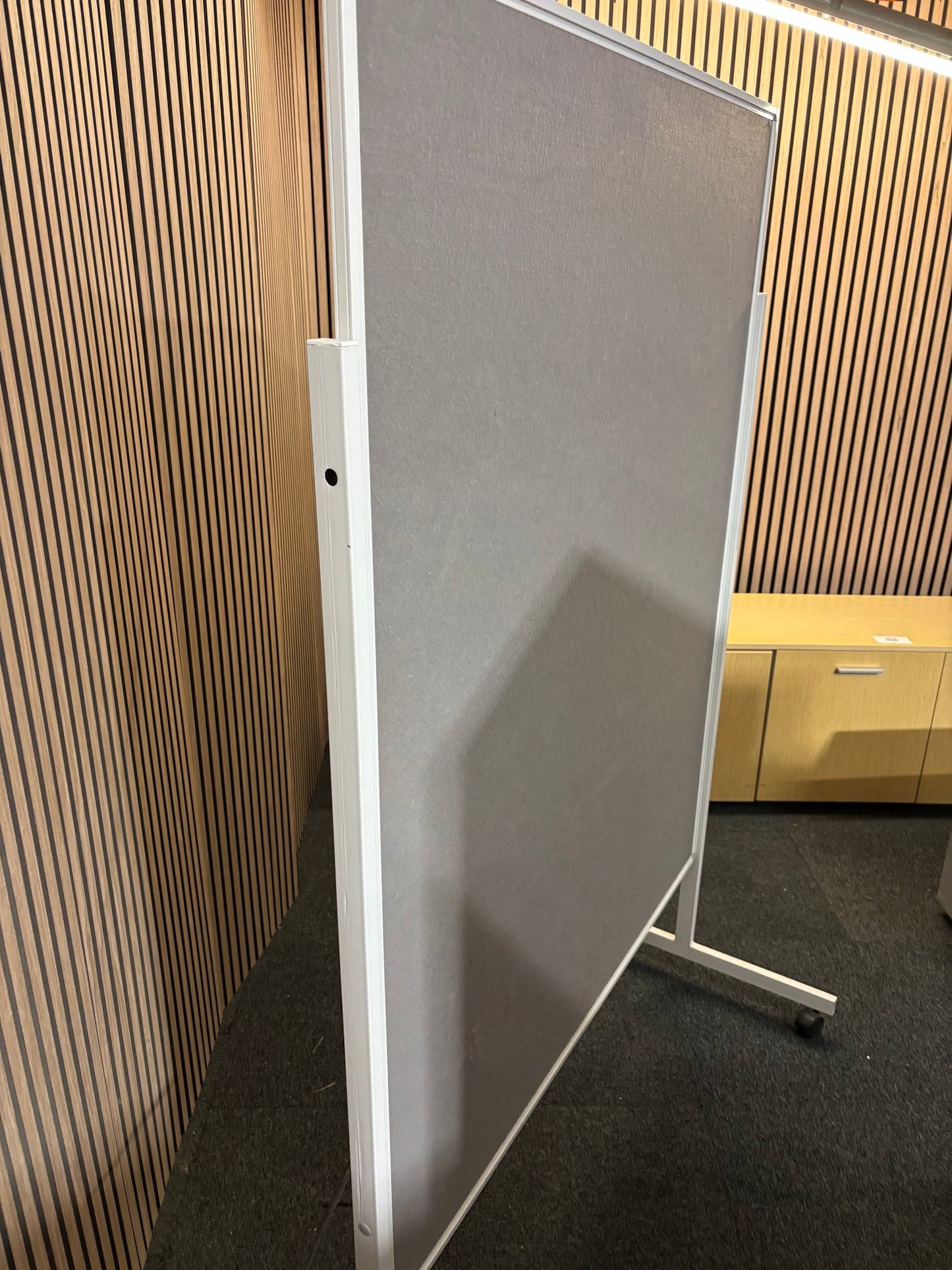 Grey fabric 1850 x 1250mm floor standing noticeboard on castors
