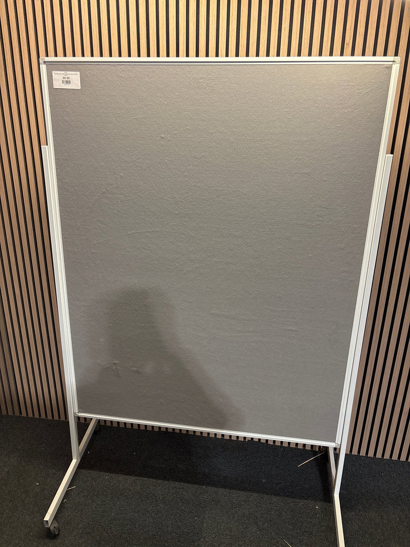 Grey fabric 1850 x 1250mm floor standing noticeboard on castors