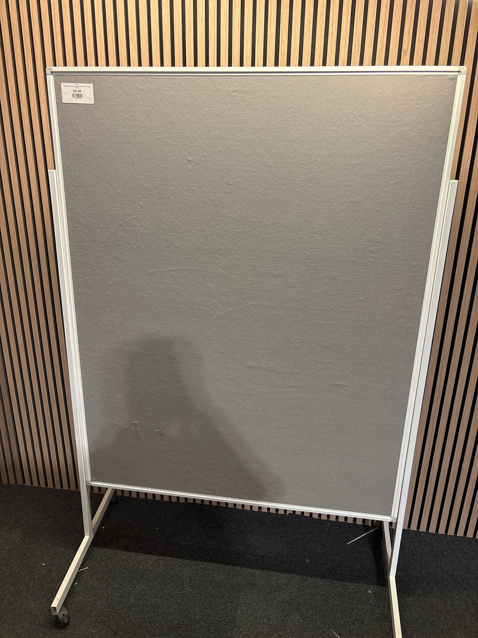 Grey fabric 1850 x 1250mm floor standing noticeboard on castors