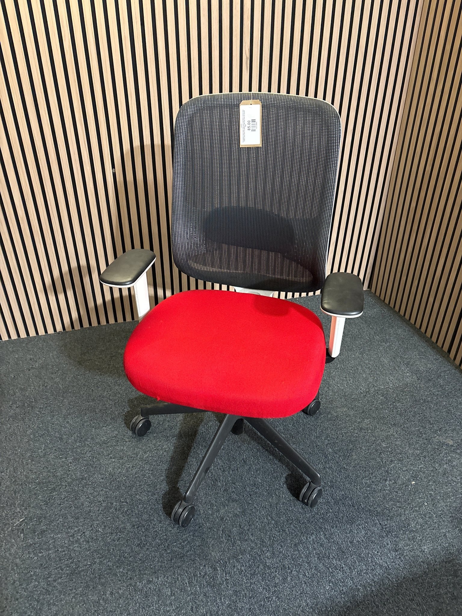 Orangebox mesh back, dark grey seat fabric swivel chair, metal 5 star base on castors. Add Add arms for €40.00  1425