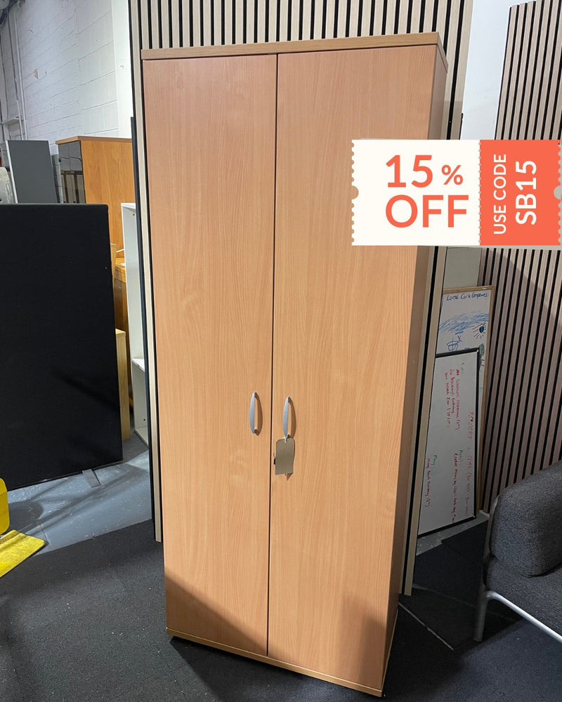 Tall 2 door  beech laminate storage with 4 shelves 2000H x 800W x 400D