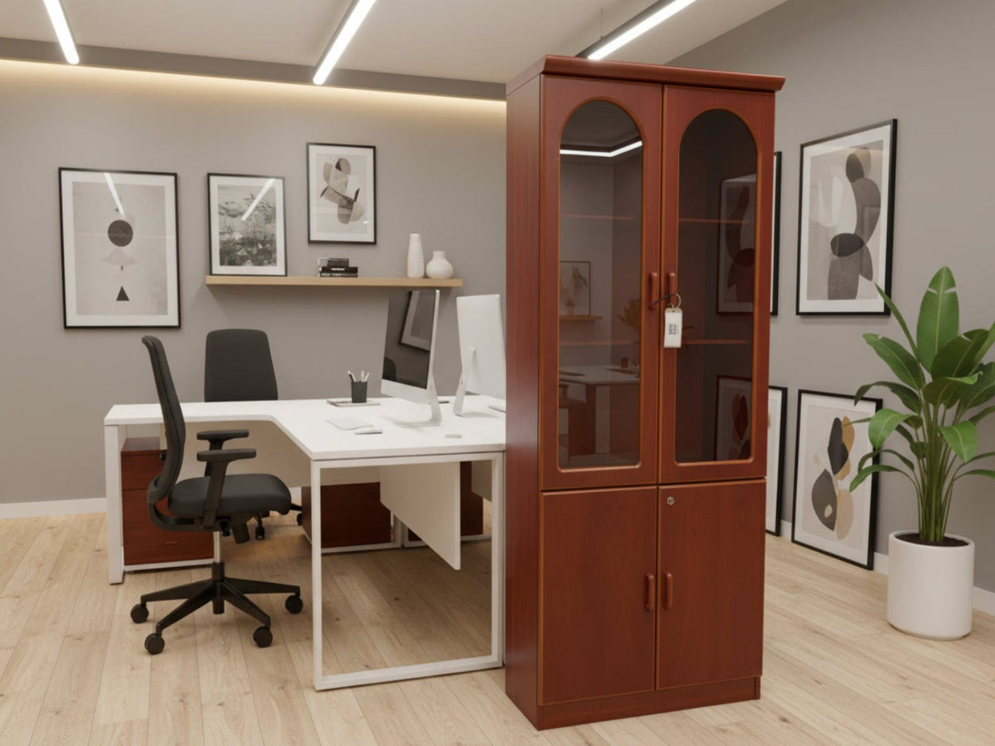 Tall dark mahogany stained 4 door glass display unit with base storage 1950Hx800Wx500D