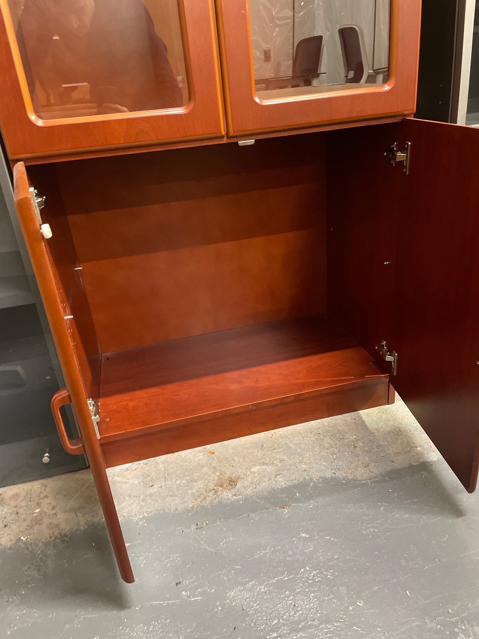 Tall dark mahogany stained 4 door glass display unit with base storage 1950Hx800Wx500D