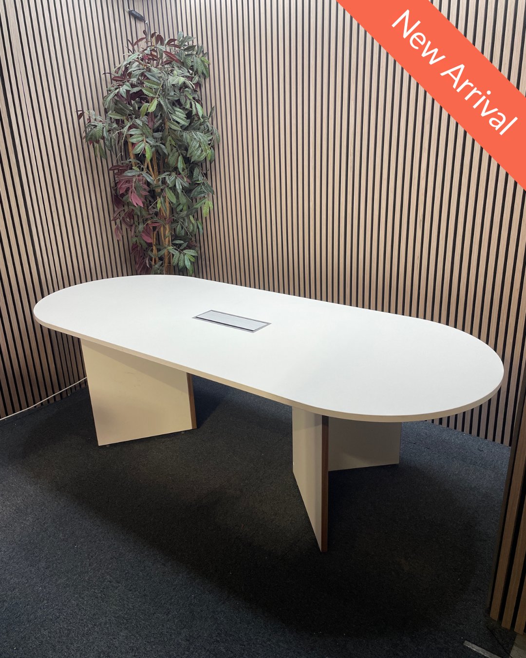 White laminate D end boardroom table 2400Lx1000W with silver trumpet base and wire management lift up cover in centre