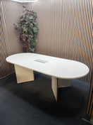 Switch White laminate D end boardroom table 2400Lx1000W with silver trumpet base and wire management lift up cover in centre 2 image