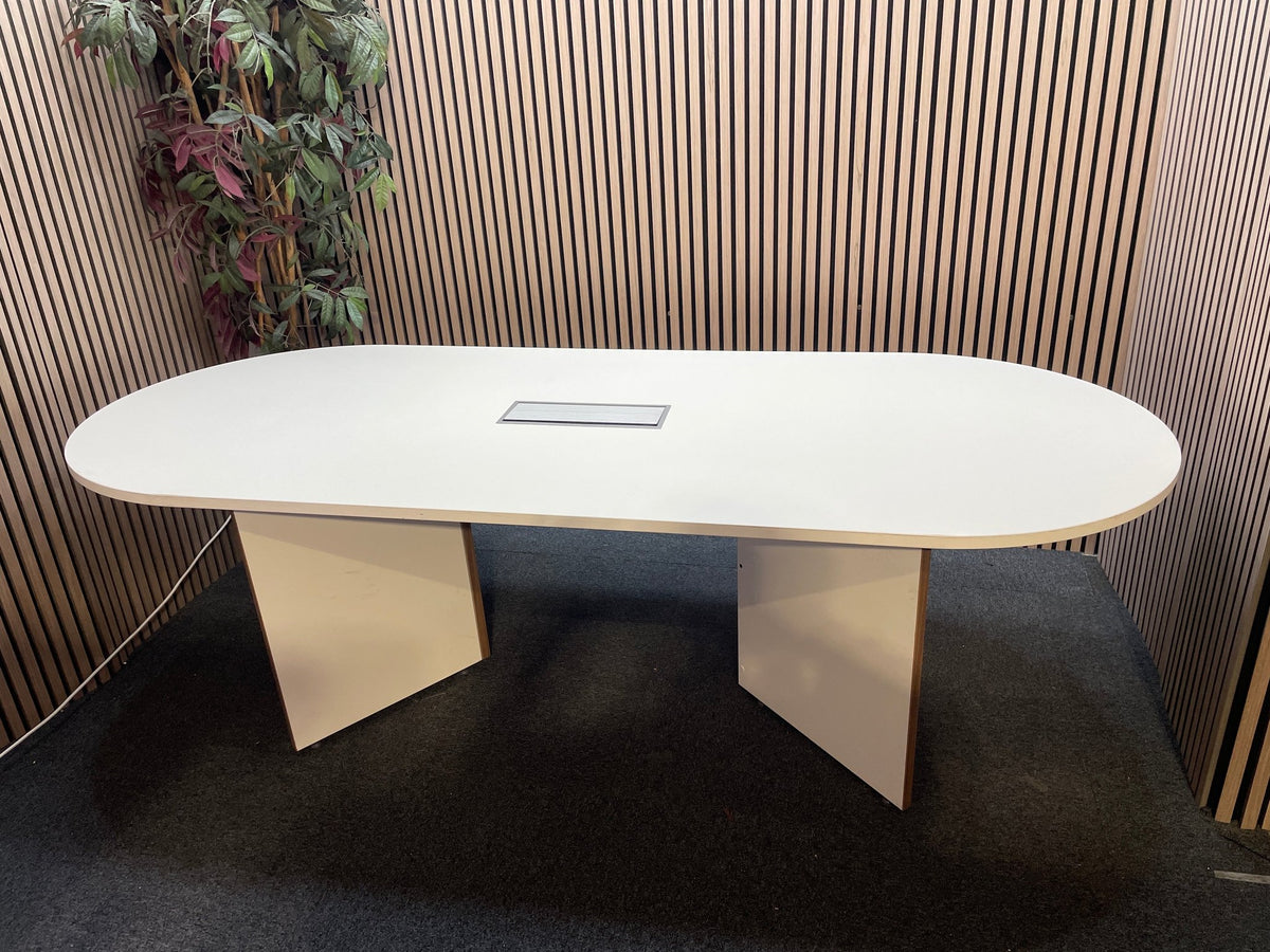 White laminate D end boardroom table 2400Lx1000W with silver trumpet base and wire management lift up cover in centre