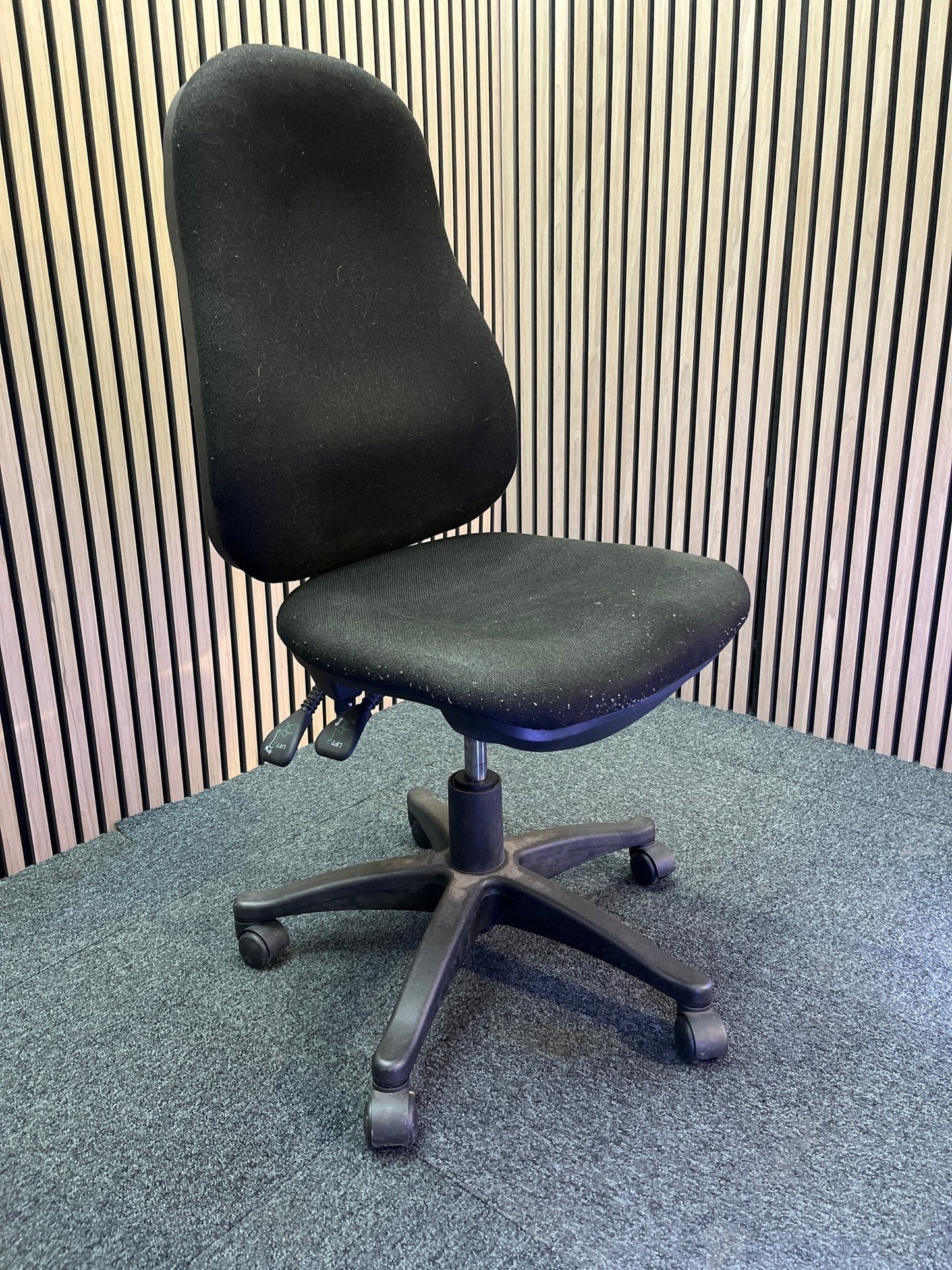High back height adjustable swivel office chair in black fabric with 5 star base
