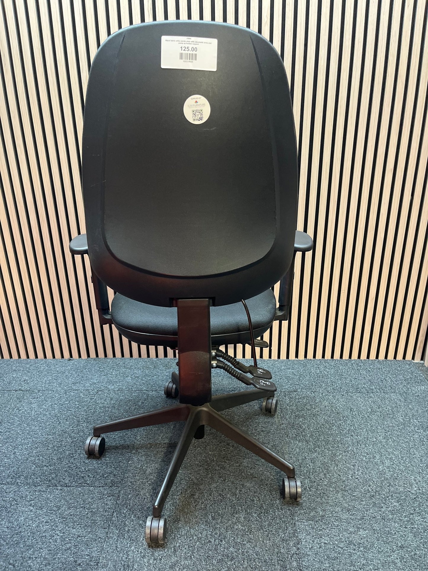 Black fabric ortho swivel
 chair with adjustable arms and pump up lumbar support
