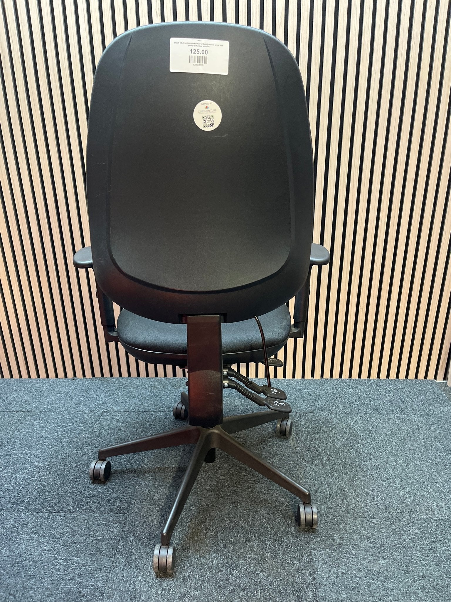 Black fabric ortho swivel
 chair with adjustable arms and pump up lumbar support