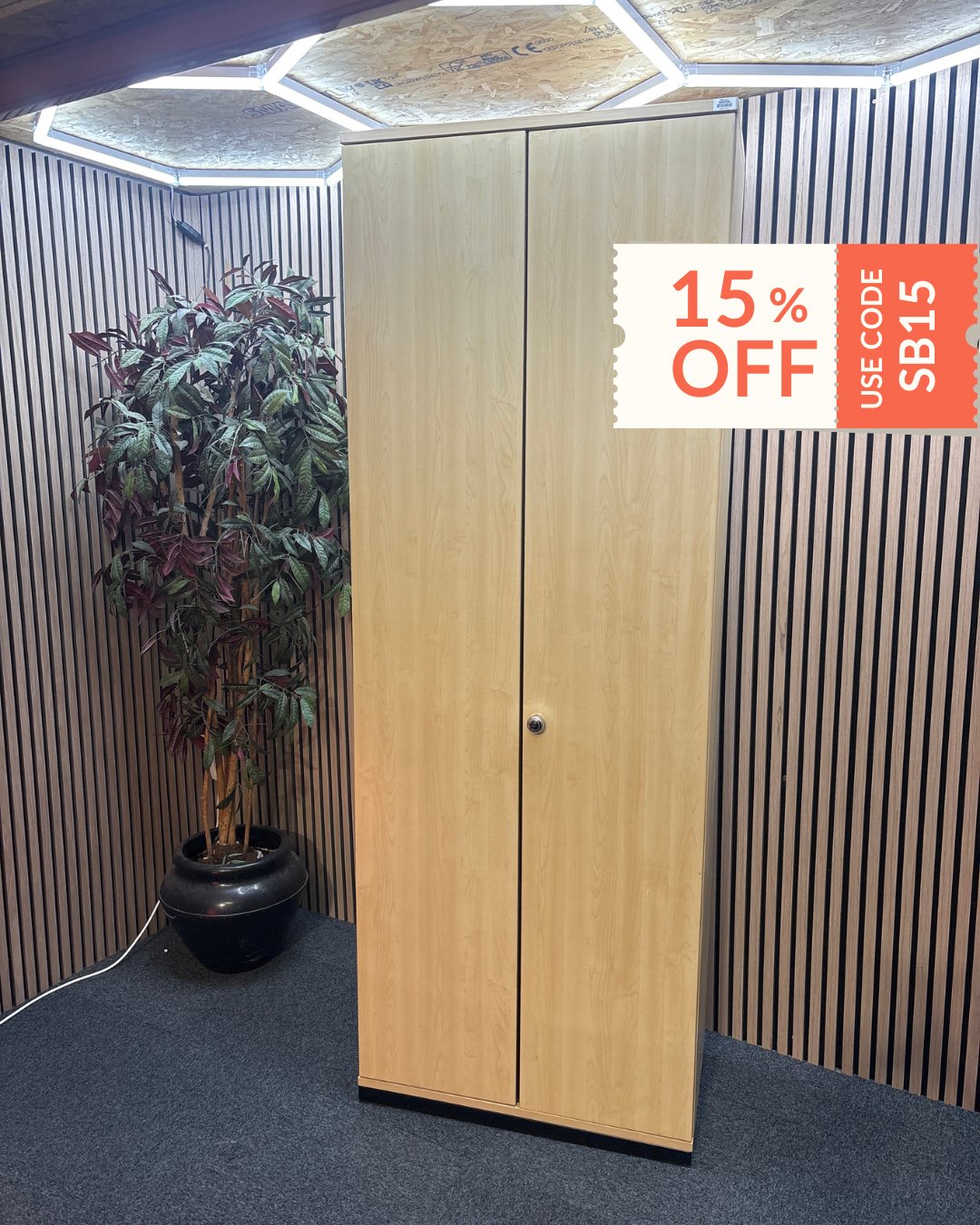 Tall beech two door unit storage unit (H 223 x W 77 x D 44 cm)
