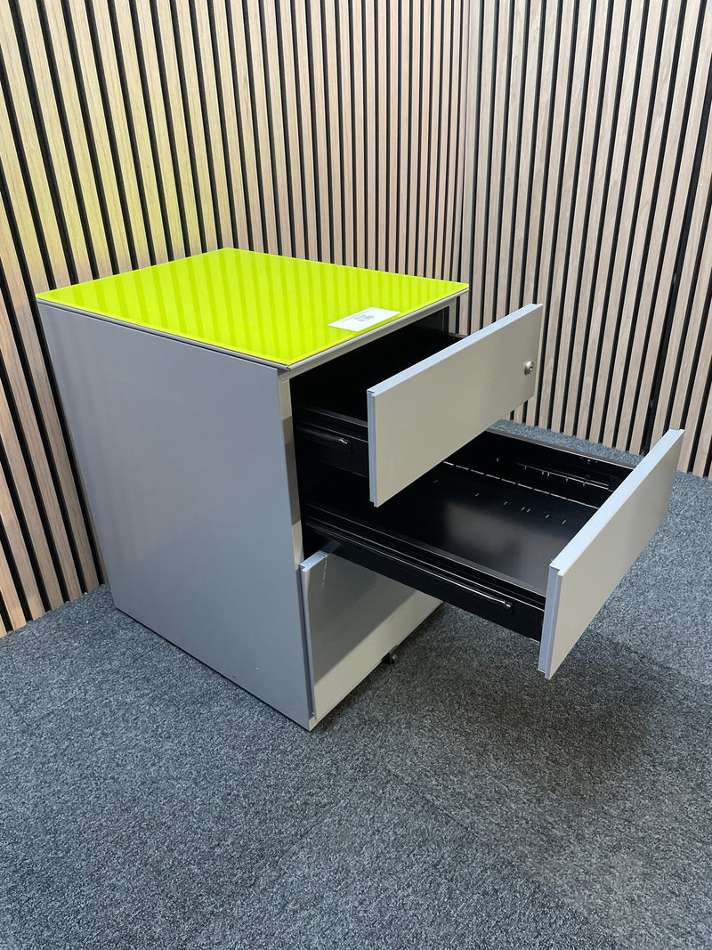 Grey metal mobile pedestal with lime green top