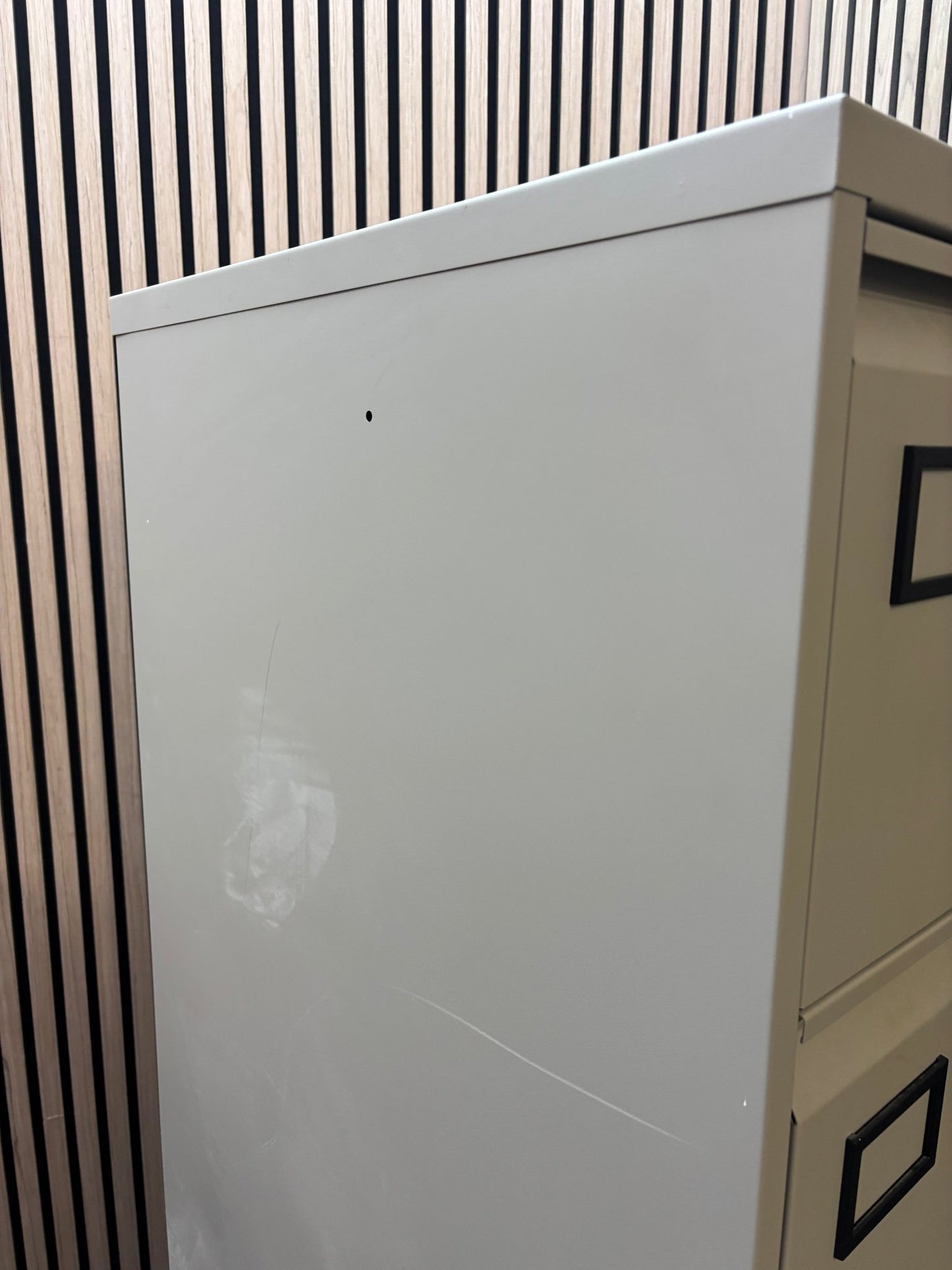 Grey metal 4 drawer filing cabinet with key