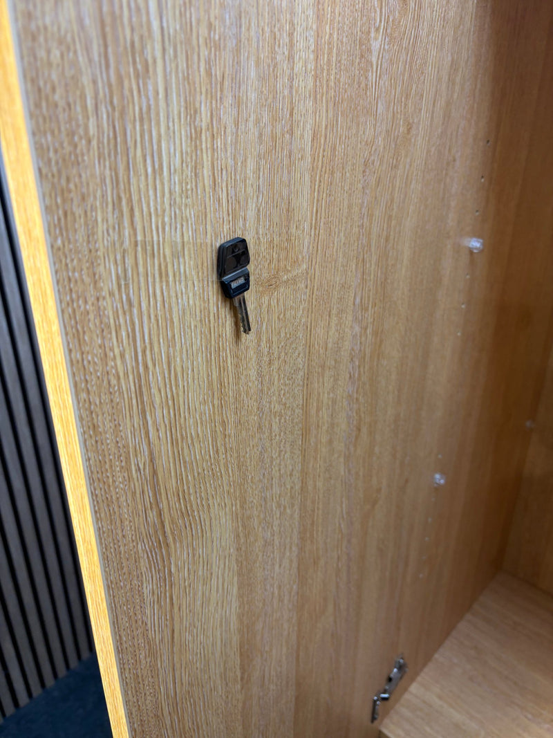 Tall oak 2 door storage unit with internal wooden shelves and key 180Hx47Dx80W  J3927 - image 5