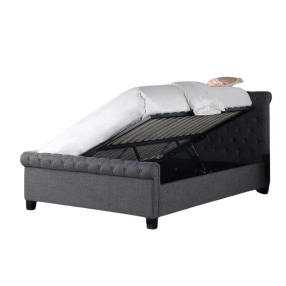 NEW SPECIAL 5ft  PARIS GAS LIFT bed frame in GREY fabric. Assembly is extra.