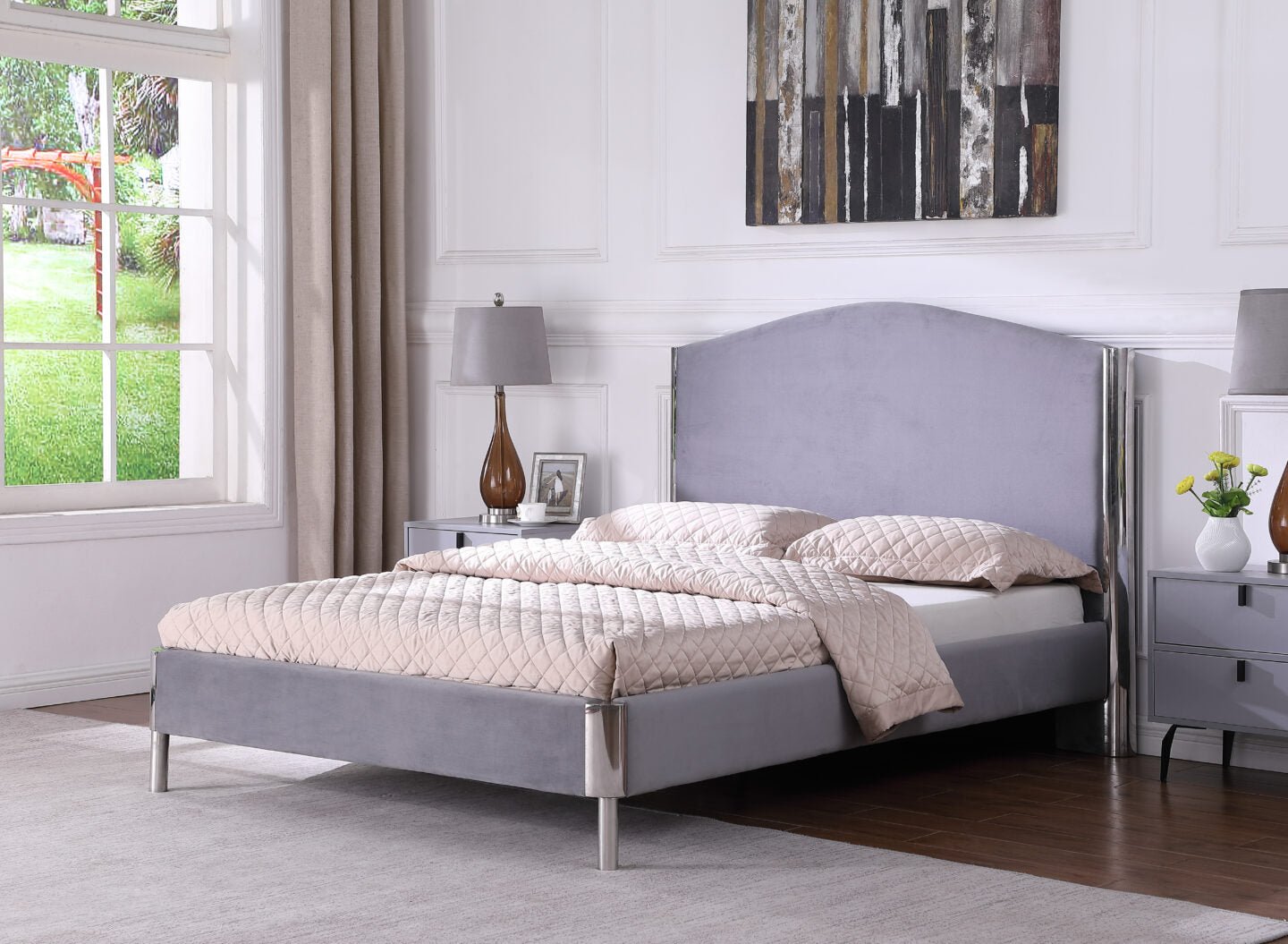 NEW Albee 4ft 6 grey fabric and chrome frame high back bed frame
WAS €299