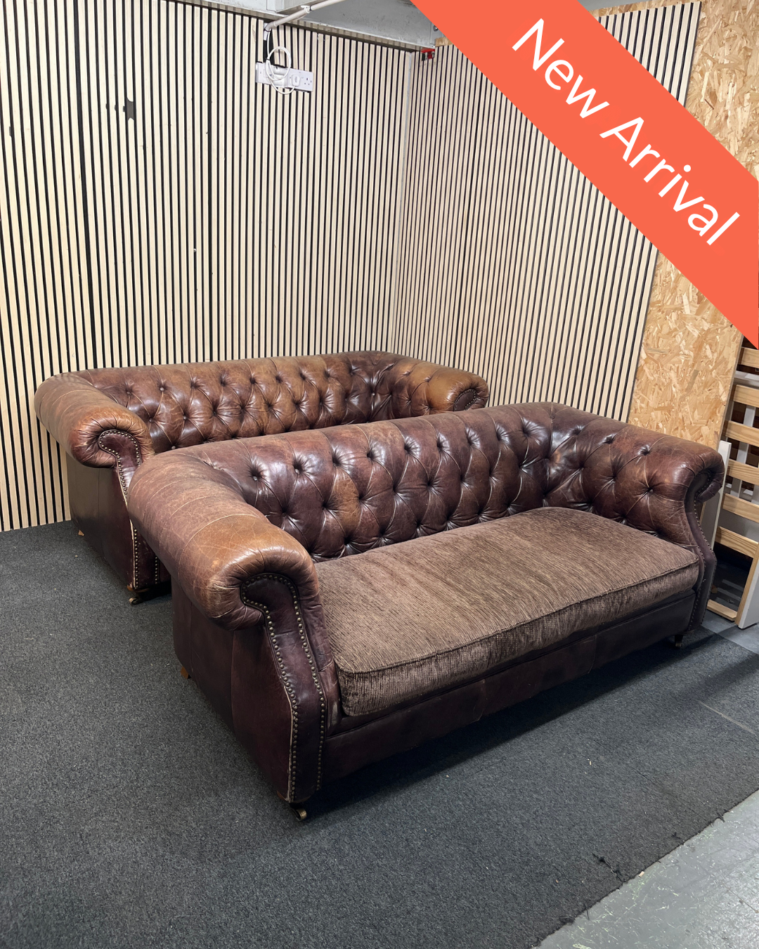 3 seater leather framed chesterfield suite with brown fabric seat cushions (Widths 215 cm depths 95 cm) 3126