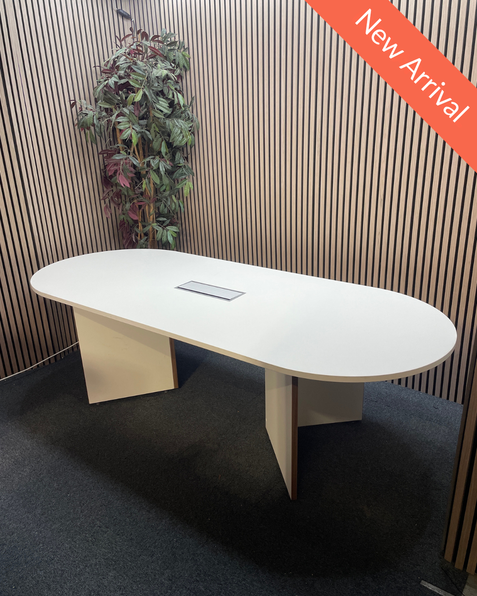 White laminate D end boardroom table 2400Lx1000W with silver trumpet base and wire management lift up cover in centre