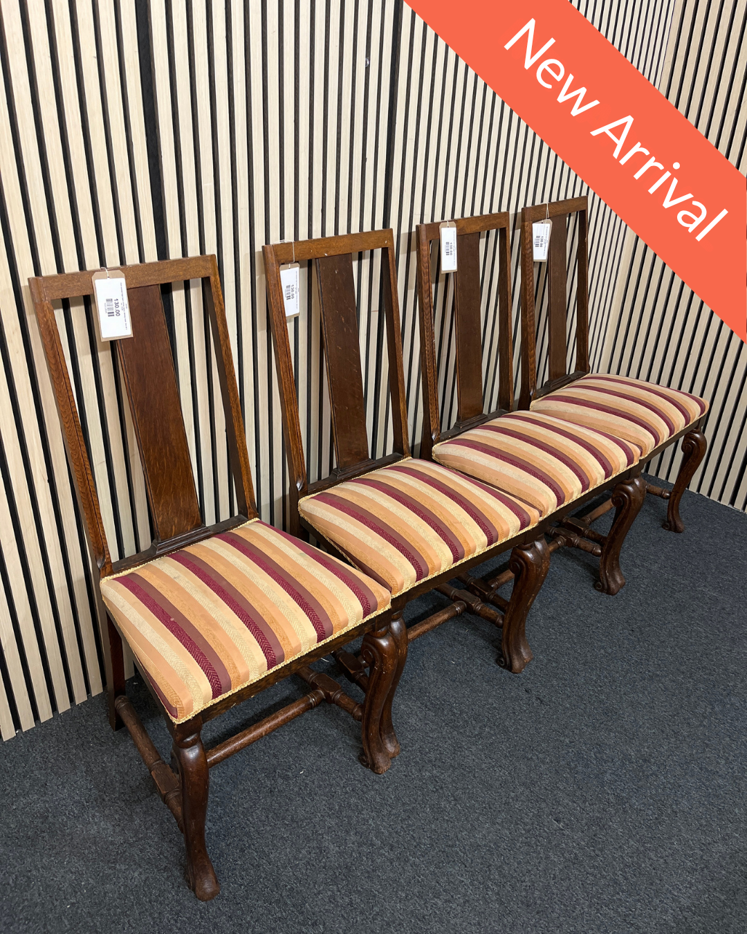 Oak stained high back stripe fabric dining chair. Set of 4 no.  3126