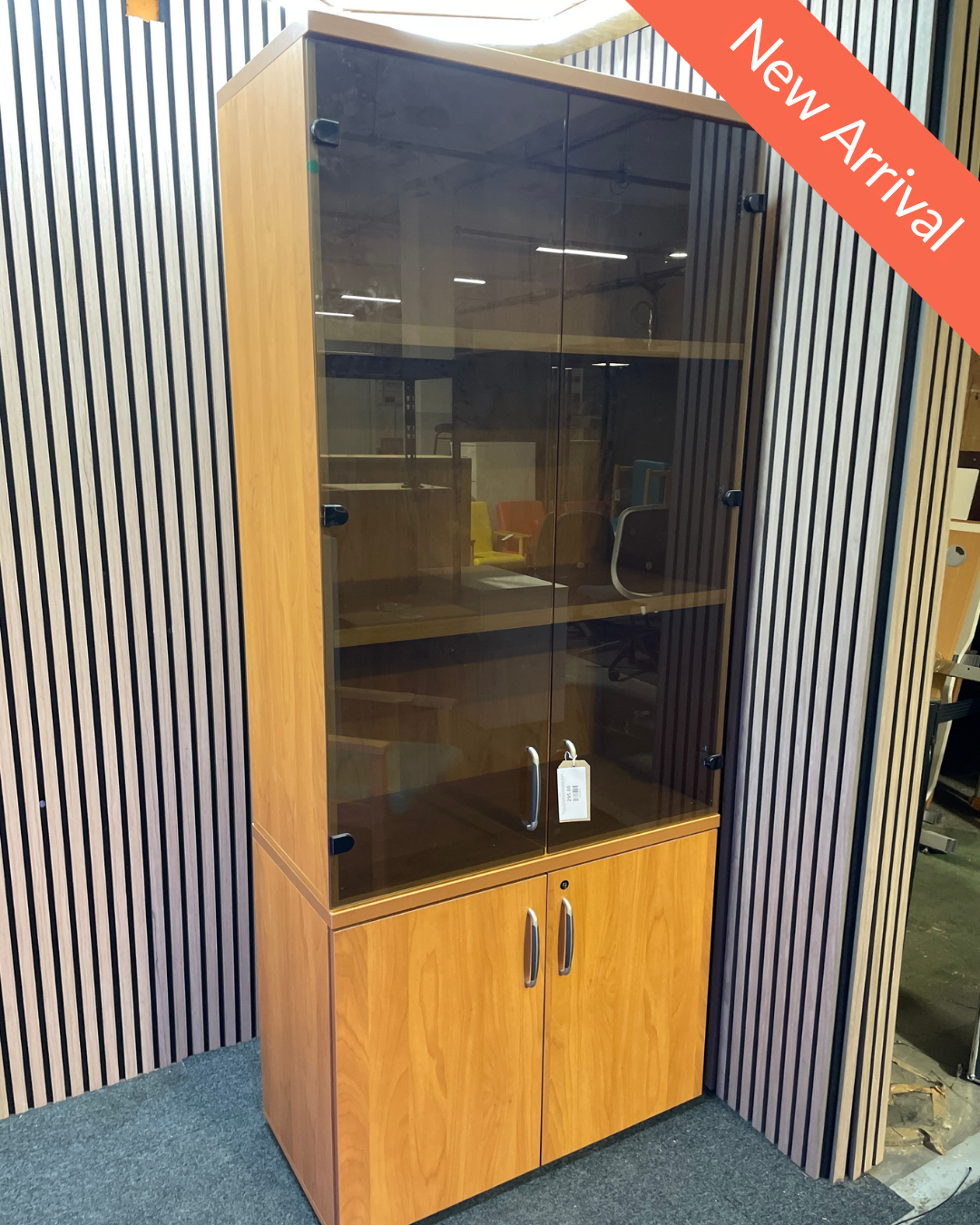 Tall 2 door smoked glass top section display unit with cherry base doors and carcass 90Wx45Dx210H