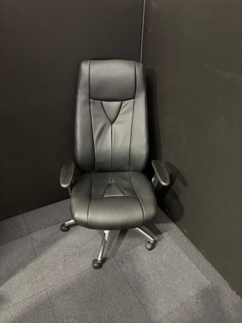 Odessa liquidated high back executive chair - black faux leather, polished metal base, height adjustable arms, price inc vat