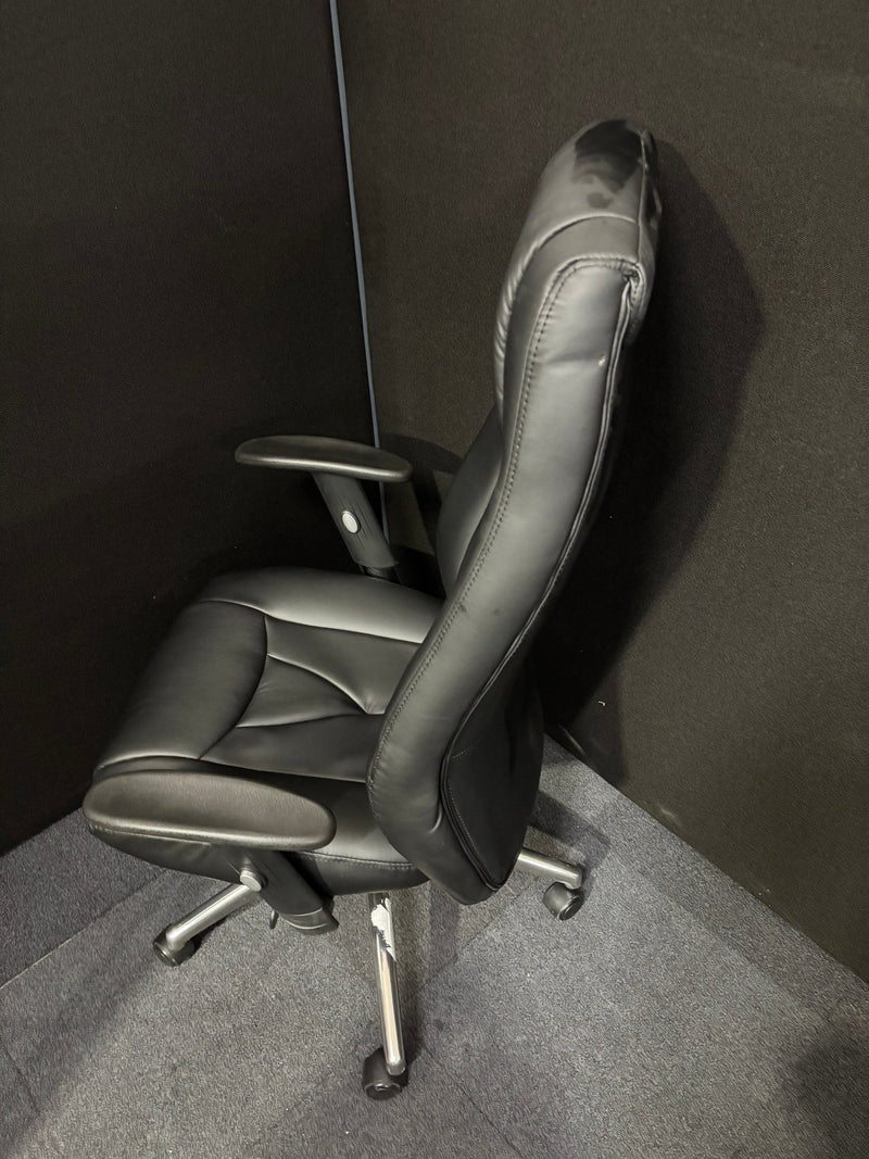 Odessa liquidated high back executive chair - black faux leather, polished metal base, height adjustable arms, price inc vat