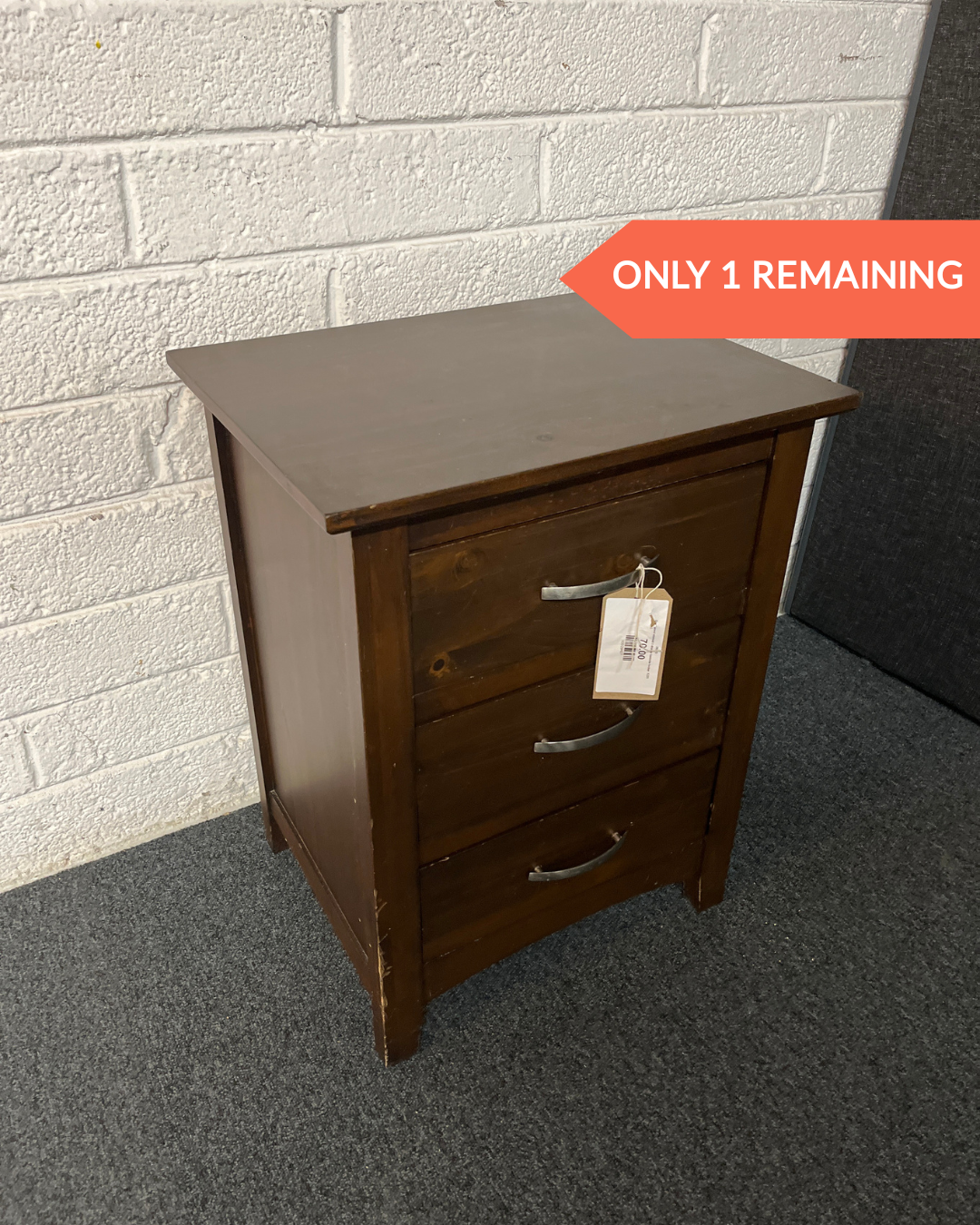 Dark wood stained 3 drawer bedside locker  1225