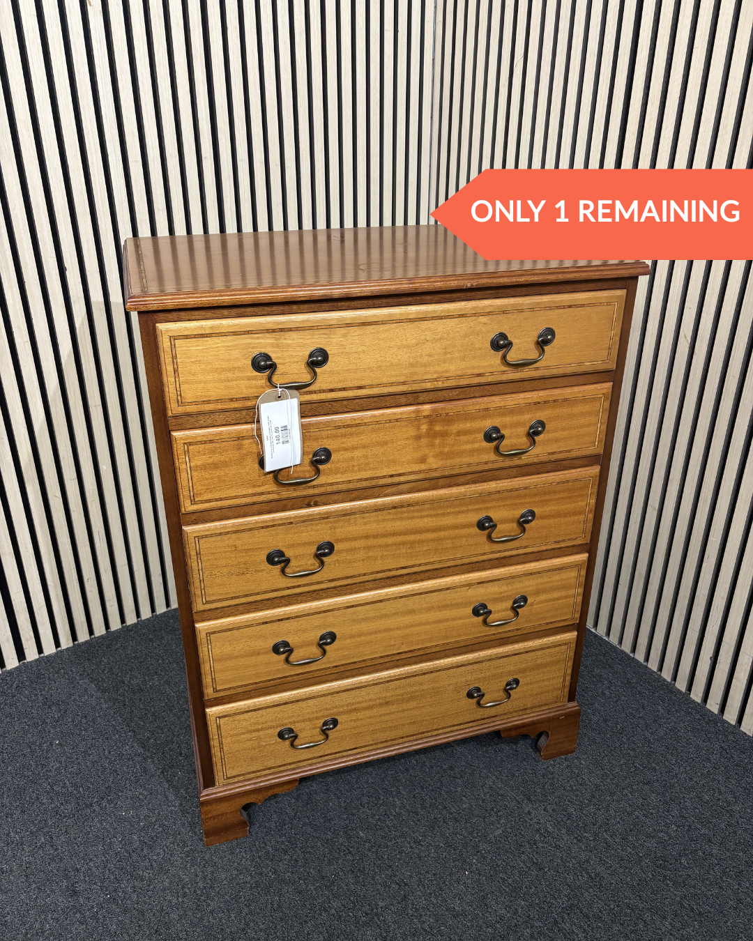 Stained pine 5 drawer chest of drawers with ornate handles (H 100 x W 75 x D 46 cm) 3126