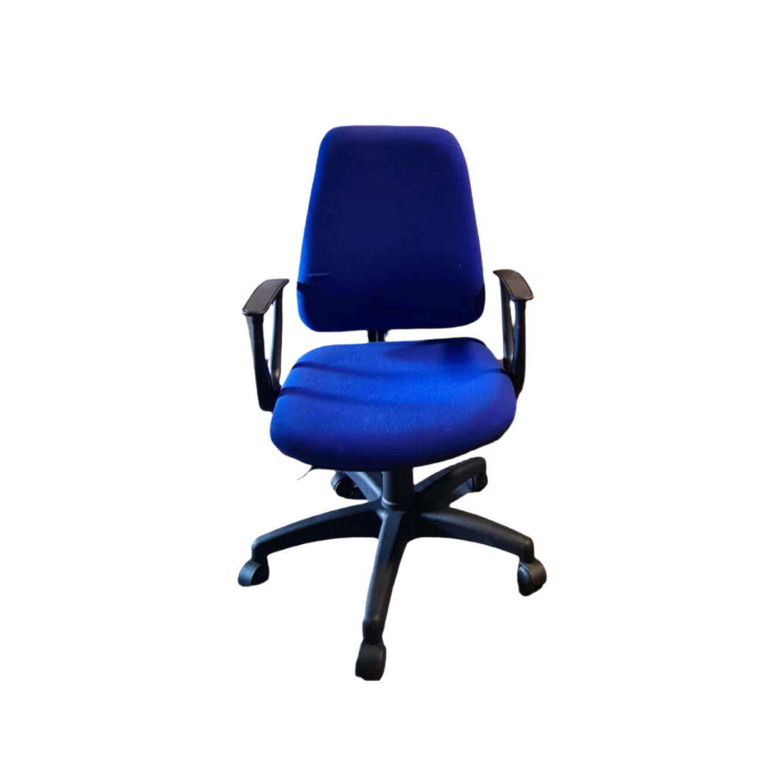 High back blue fabric swivel chair with black loop arms