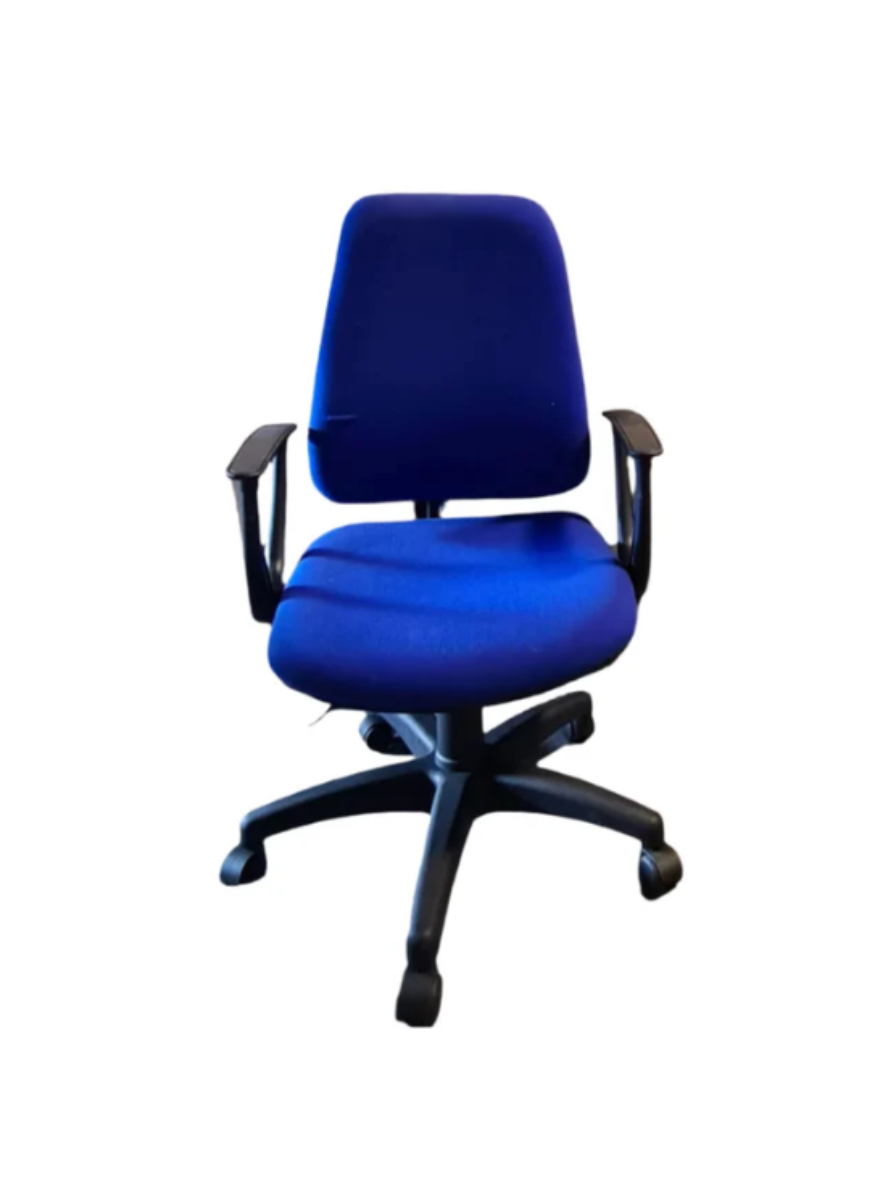 High back blue fabric swivel chair with black loop arms